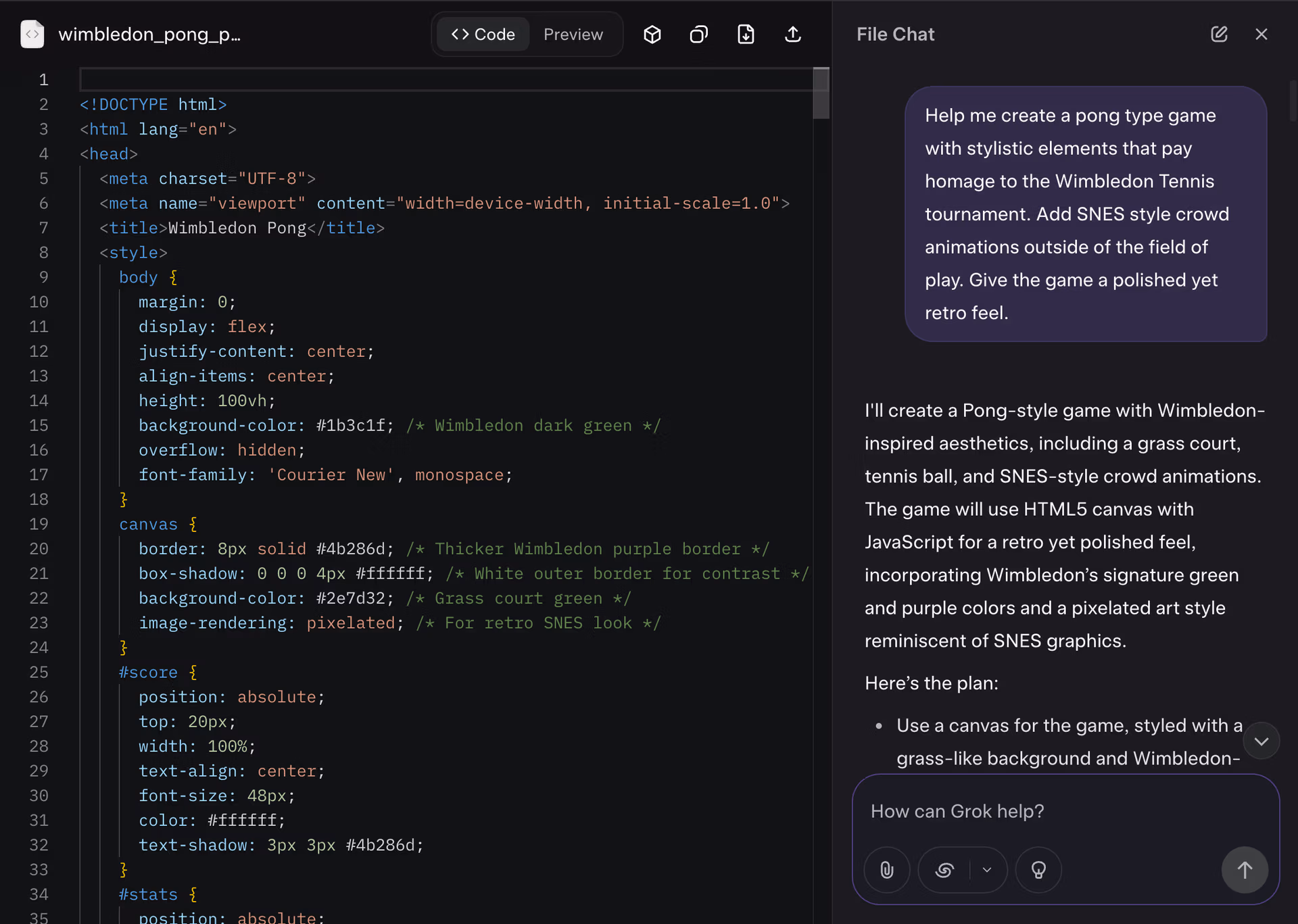 Grok code editor with HTML and CSS for the game