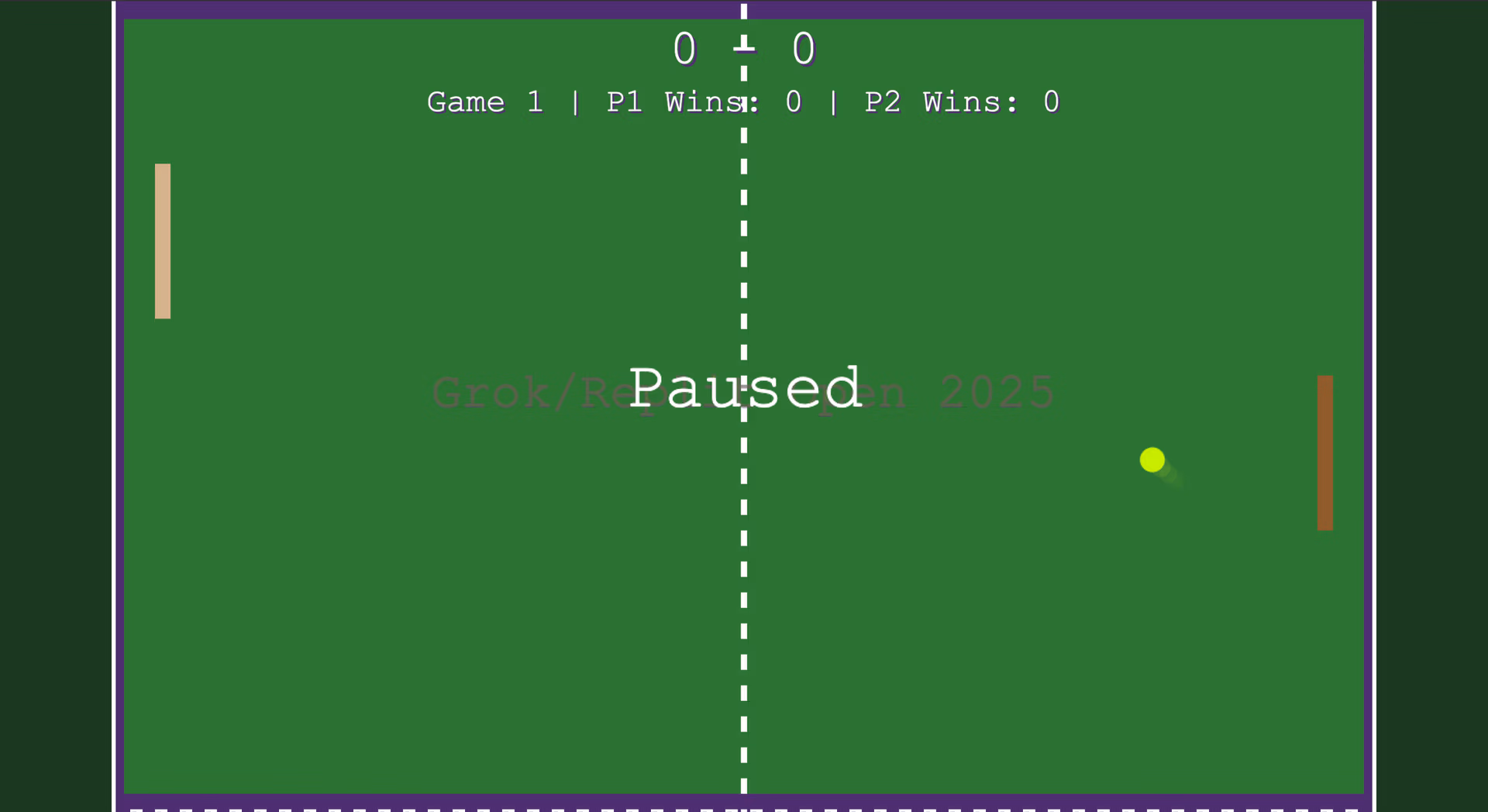 Paused game screen with ball and paddles visible