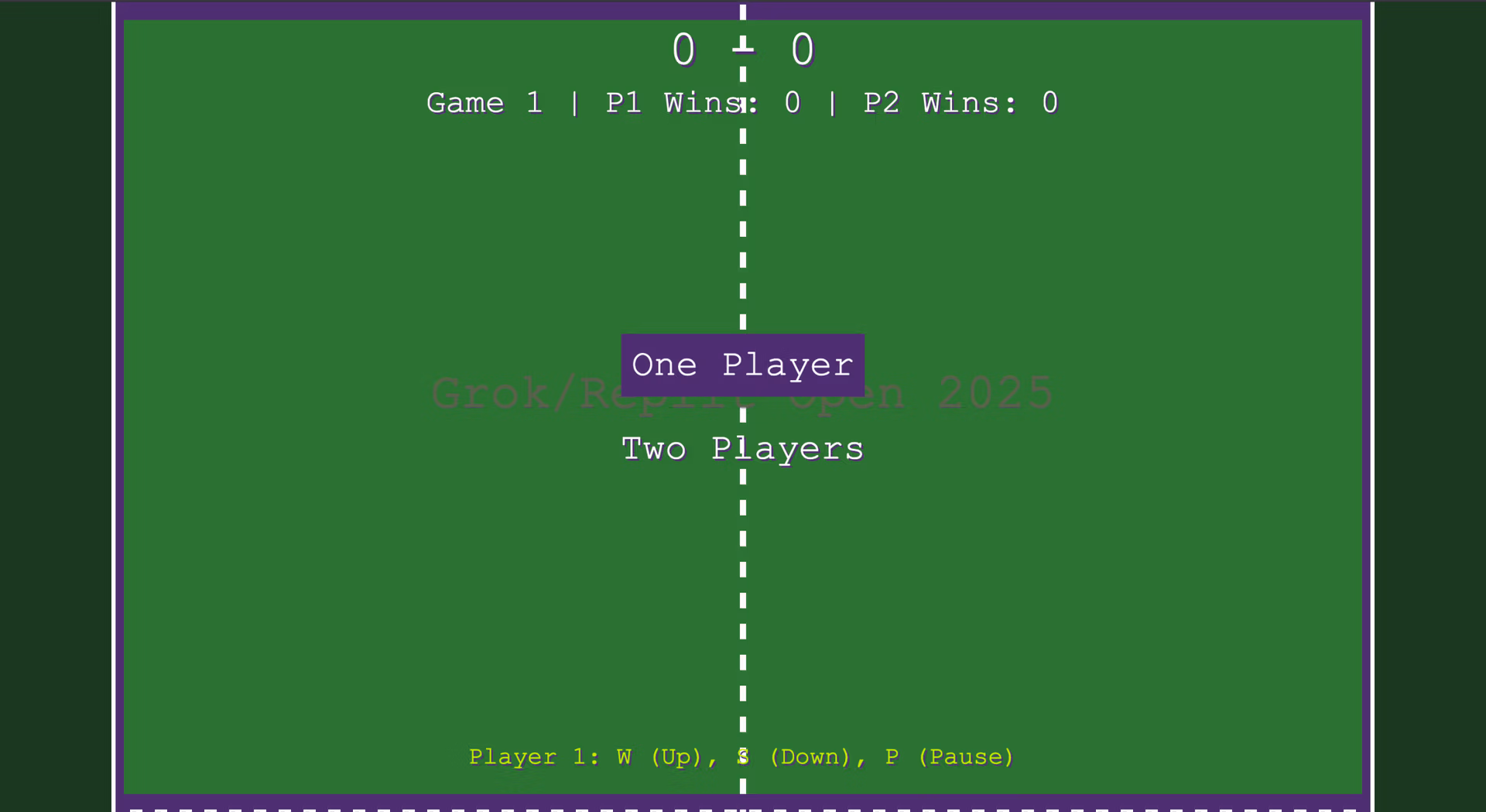 Initial game screen with one player and two players options