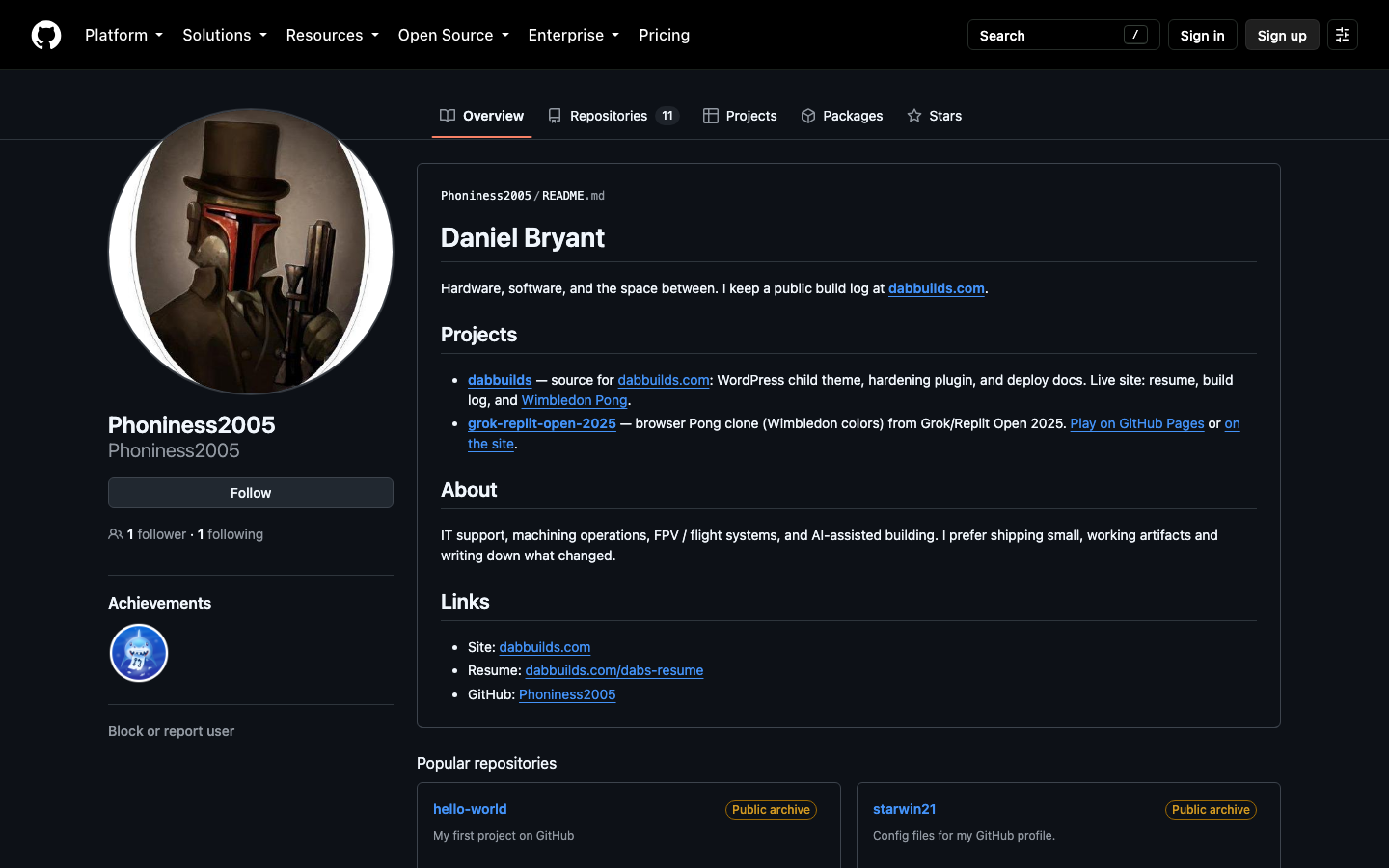 GitHub profile README for Daniel Bryant