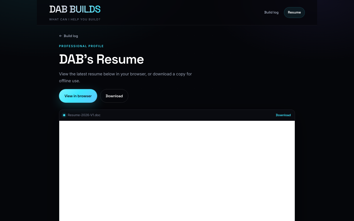 Resume page showing Resume-2026-V1.doc